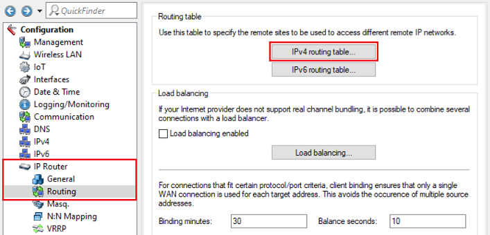 Open the menu IPv4 routing table