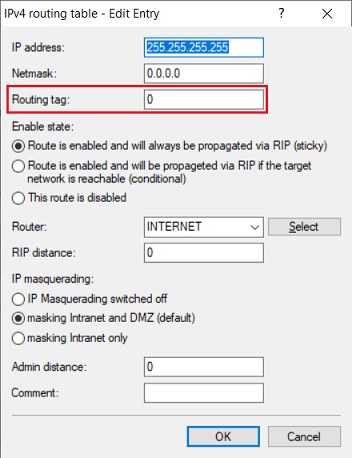 Default route for the Internet connection with routing tag 0