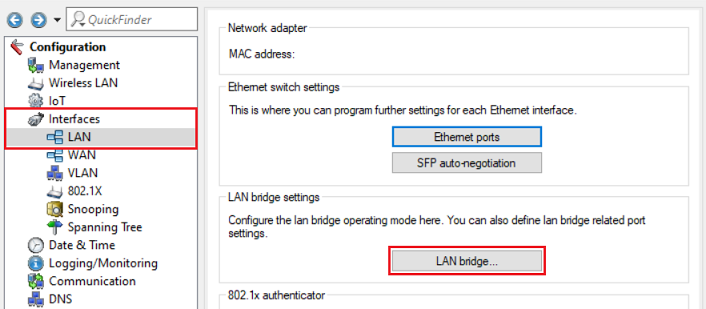 Open the menu LAN bridge