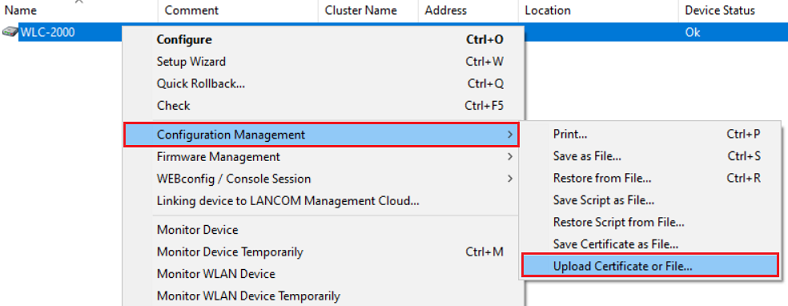 Upload the certificate to the WLAN-Controller via LANconfig