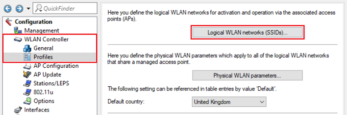 Open the menu Logical WLAN networks (SSIDs) in LANconfig