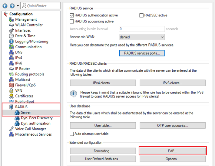 Open the menu EAP in the RADIUS server