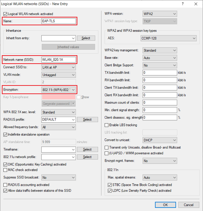 Enter the parameters for the logical WLAN network