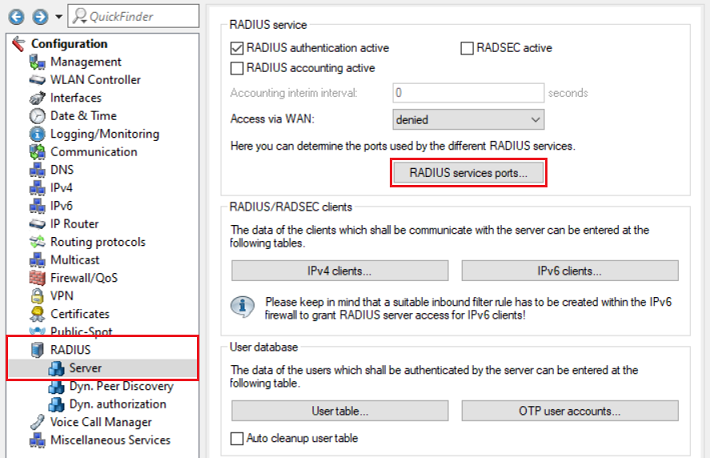 Open the menu RADIUS services ports