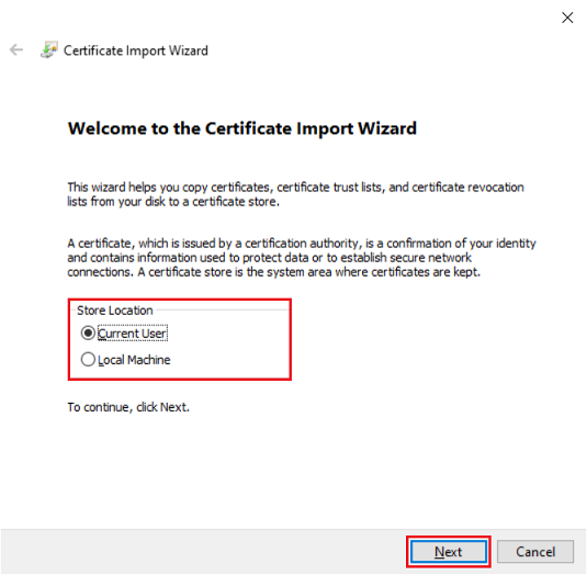 Select the store location for the certificate