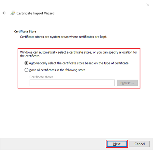 Let the certificate import wizard automatically select the certificate store