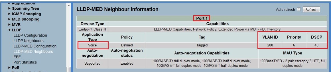 A detailed view of a technical configuration interface displaying various network settings including Spanning Tree, LLDP MED Neighbour Information, IGMP Snooping, MVR device capabilities, and Power over Ethernet options.