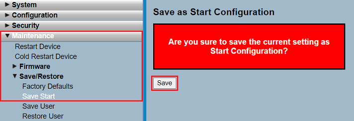 Screenshot of a system configuration menu with options to save start configuration, restart device, manage firmware, and reset to factory defaults.