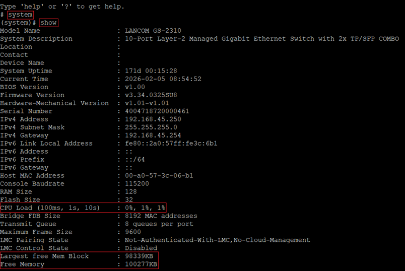 Reading out the system information on a GS-23xx series switch via the CLI