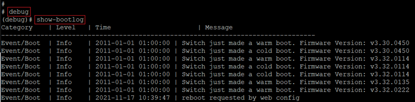 Per Konsole auf einem Switch der GS-23xx Serie das Bootlog auslesen.