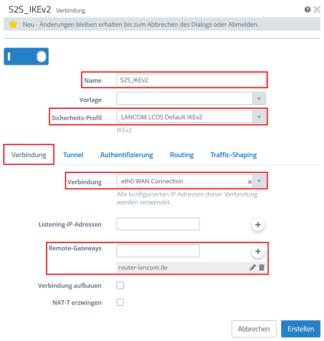Name, Verschlüsselungs-Profil, Internet-Verbindung und Gateway für die IPSec-Verbindung im Reiter Allgemein angeben