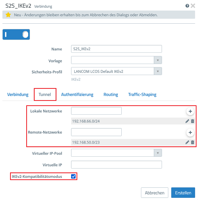 Lokale und entfernte Netzwerke für die IPSec-Verbindung im Reiter Tunnel angeben