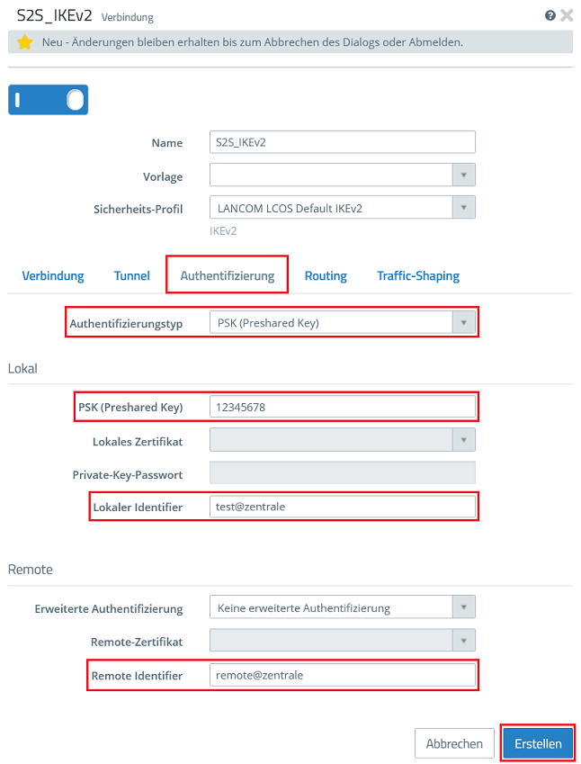 Preshared Key sowie lokaler und entfernter Identifier für die IPSec-Verbindung in dem Reiter Authentifizierung angeben