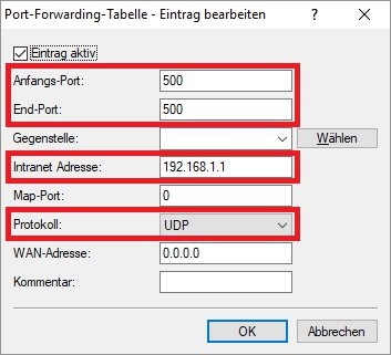 Hinzufügen eines Eintrags in die Portweiterleitungstabelle 