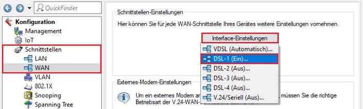 Die Abbildung zeigt ein konfigurations- und managementorientiertes Benutzermenü mit technischen Optionen für verschiedene Netzwerkeinstellungen wie WAN-Schnittstellen und BDSL-Aus, sowie Anpassungen für externe Modemverbindungen.