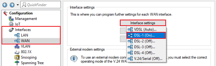 Image of a technical configuration screen with options for external modem settings, Spanning Tree Protocol, and other network settings.