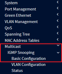 Screenshot einer Netzwerkmanagement-Software mit Menüoptionen für PortManagement, GreenEthernet, VLANManagement, QoS, SpanningTree, MACAddressTables, Multicast, IGMP Snooping und verschiedene VLAN- und Statuskonfigurationen.