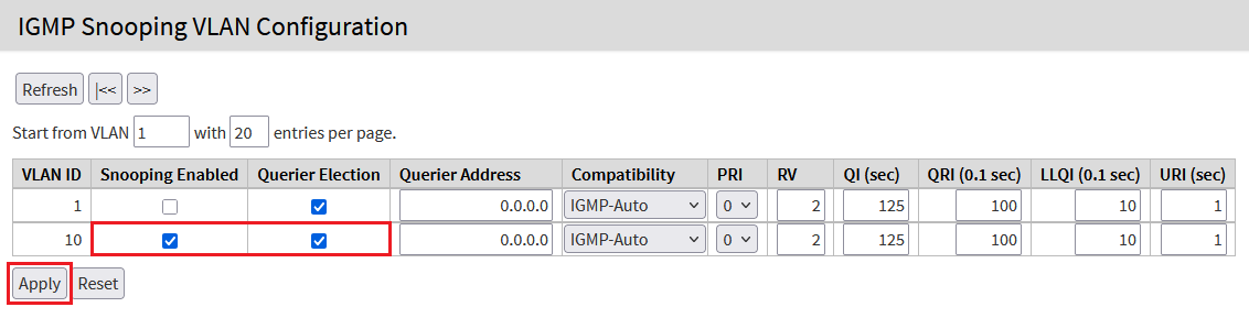 Screenshot einer technischen Benutzeroberfläche zur Konfiguration von IGMP-Snooping für VLANs mit Optionen wie Snooping aktivieren, Querier-Wahl, Querier-Adresse und Kompatibilitätseinstellungen.