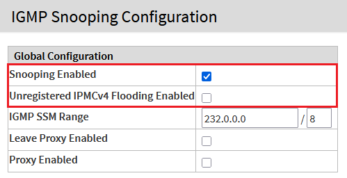 Screenshot einer digitalen Benutzeroberfläche zur Konfiguration von IGMP-Snooping, einschließlich Optionen für GlobalConfiguration, SnoopingEnabled, IGMPSSMRange, LeaveProxyEnabled und ProxyEnabled.