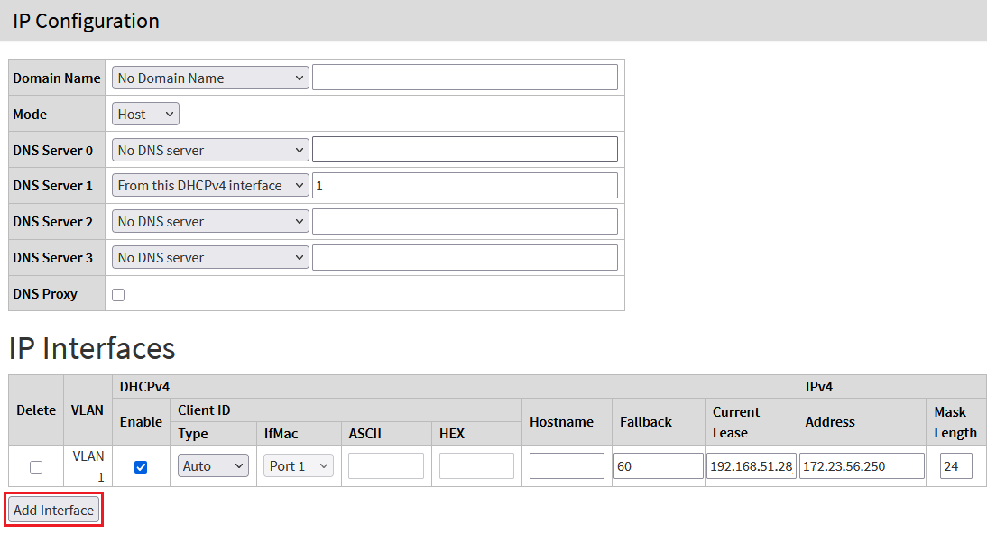 Screenshot eines Konfigurationsmenüs für Netzwerkeinstellungen, einschließlich Optionen für IP-Konfiguration, DNS-Server, DNS-Proxy und DHCP-Verwaltung.