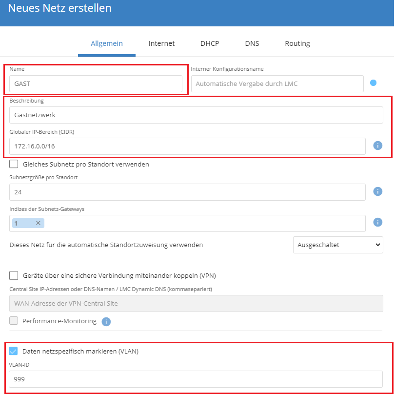 Konfigurationsmenü Neues Netz erstellen