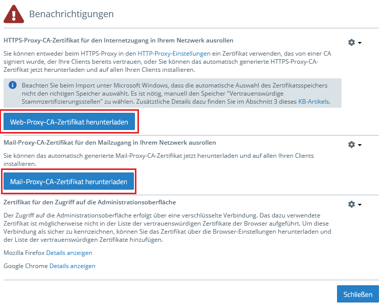 Benachrichtigungsdialog für das Web-Proxy- und das Mail-Proxy Zertifikat