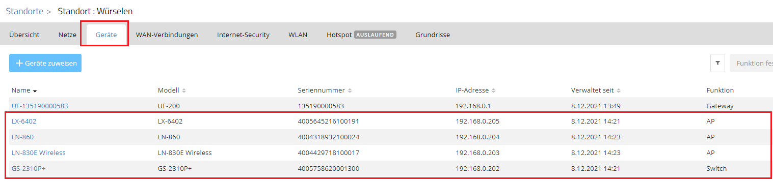 Registerkarte Geräte im Menü Standorte