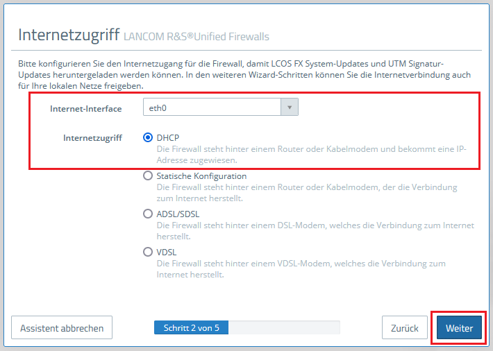 Auswahl von DHCP für den Internetzugriff im Setup-Assitenten