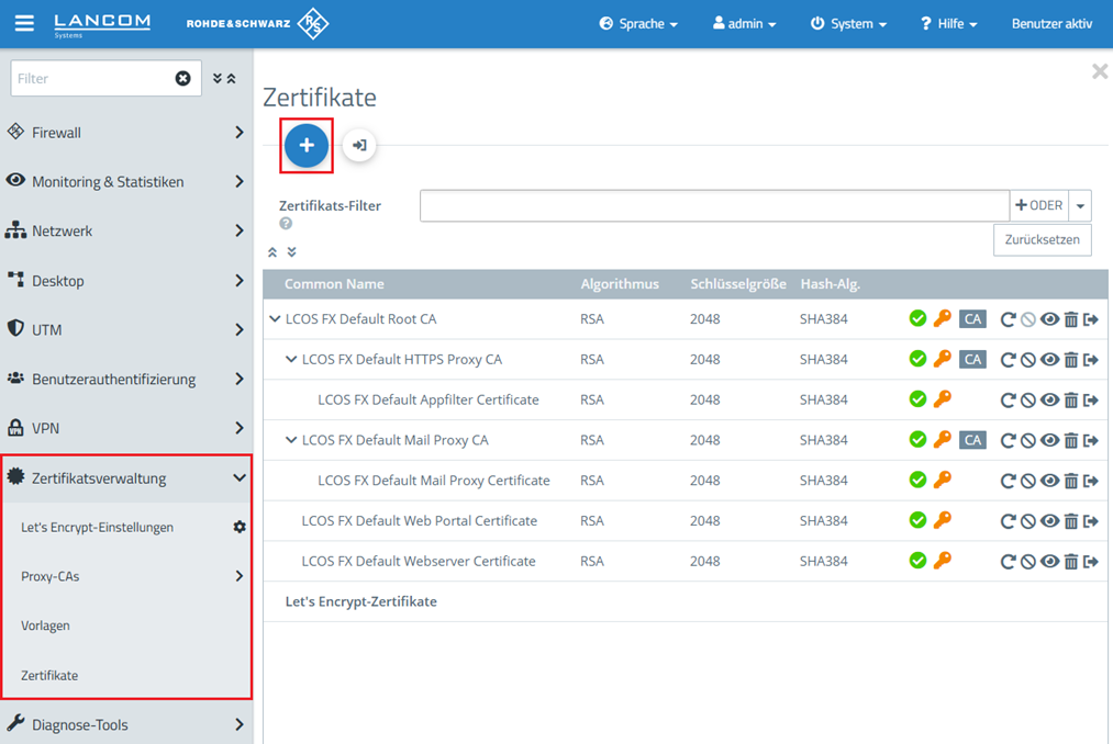 Neues Zertifikat in der Zertfikatsverwaltung der Unified Firewall erstellen