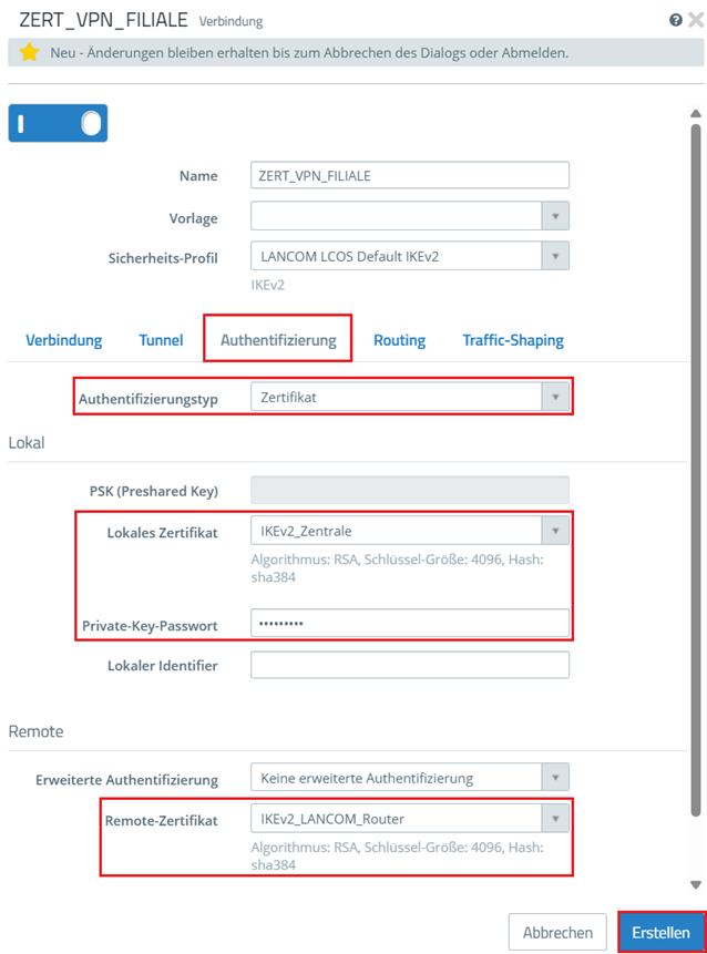 Lokales und entferntes Zertifikat in dem Reiter Authentifizierung auswählen und Verbindung erstellen