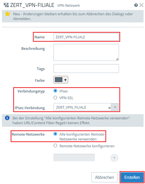 Name und erstellte IPSec-Verbindung für das VPN-Netzwerk angeben