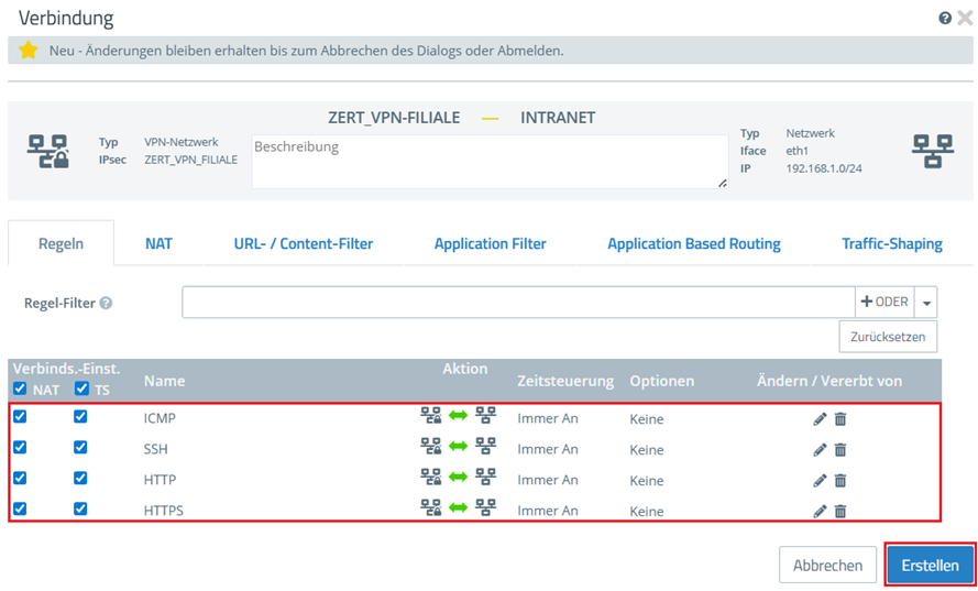 Firewall-Regel mit ausgewählten Protokollen für die Kommunikation