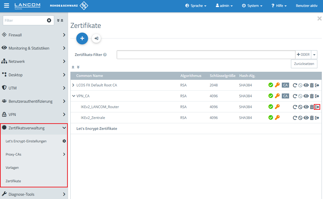 VPN-Zertifikat für den LANCOM Router in der Zertifikatsverwaltung exportieren