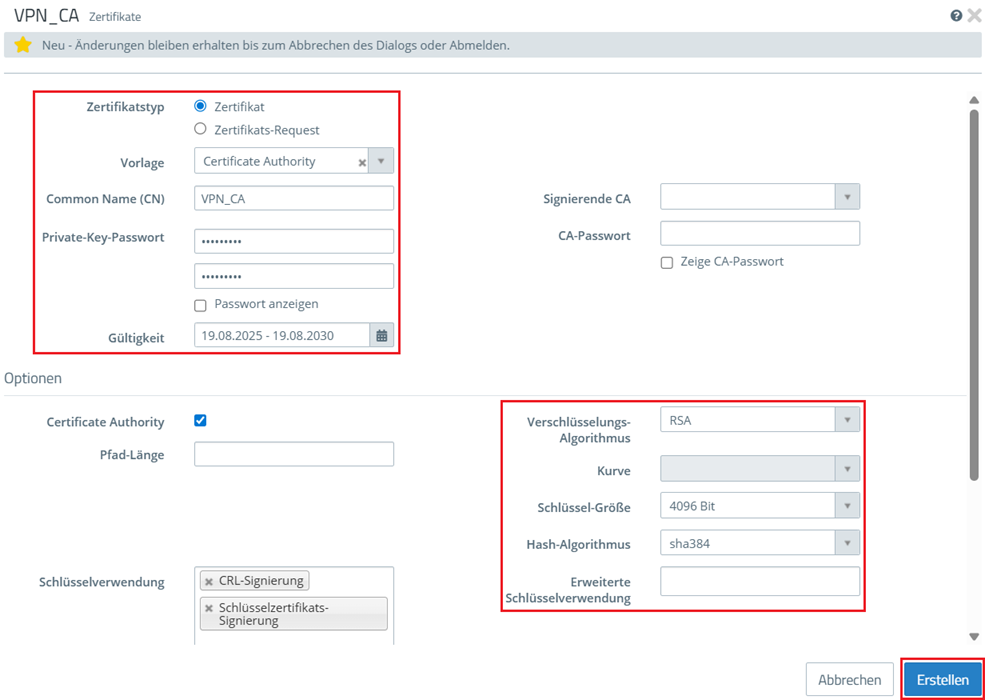 Parameter für die übergeordnete CA angeben