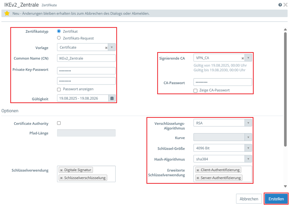 Neues VPN-Zertifikat für die Unified Firewall erstellen und Zertifikats-Parameter angeben