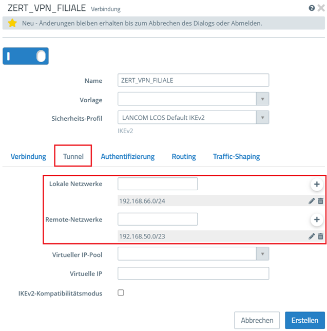 Lokale und entfernte Netzwerke in dem Reiter Tunnel angeben
